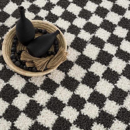Checkered Shag Area Rug - Black and White Cozy Home Decor