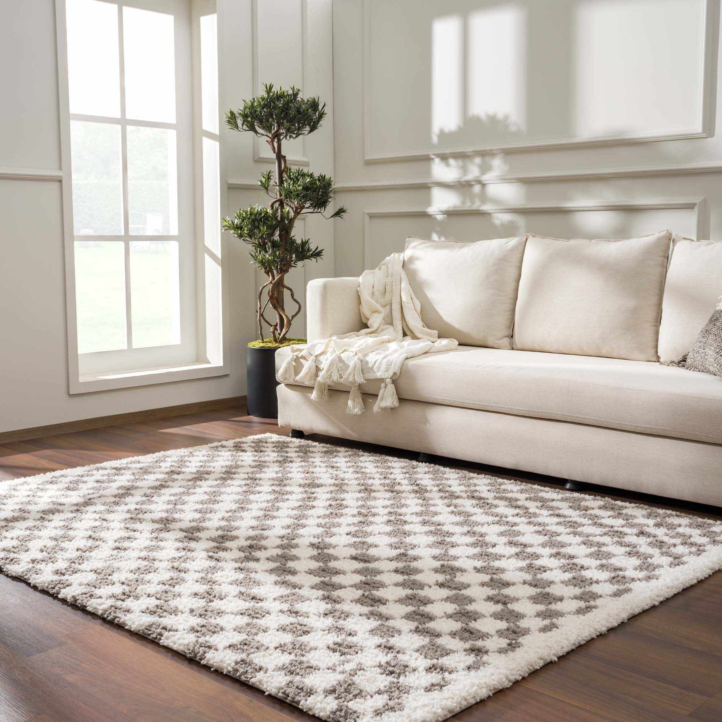 Taupe Checkered Plush Rug - Cozy Home Decor