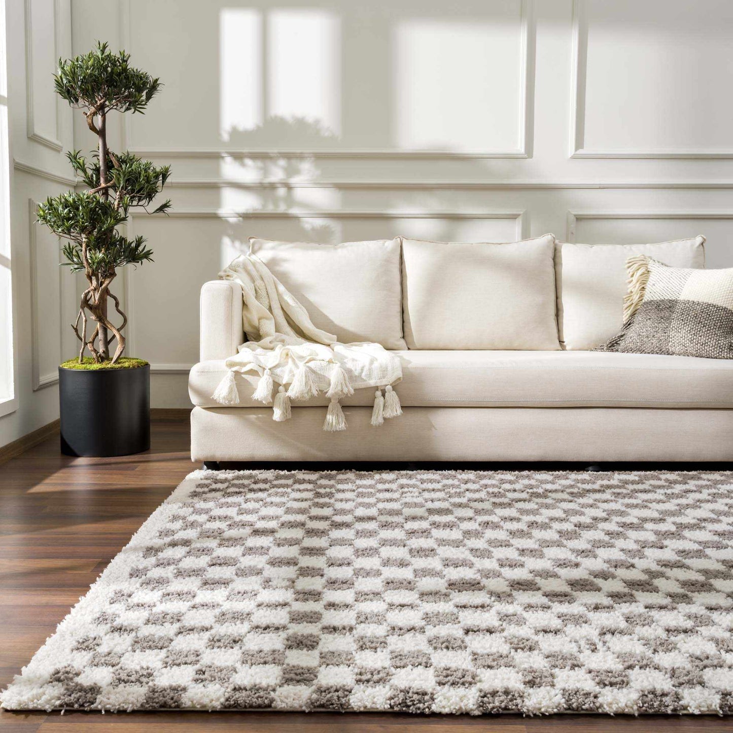 Taupe Checkered Plush Rug - Cozy Home Decor