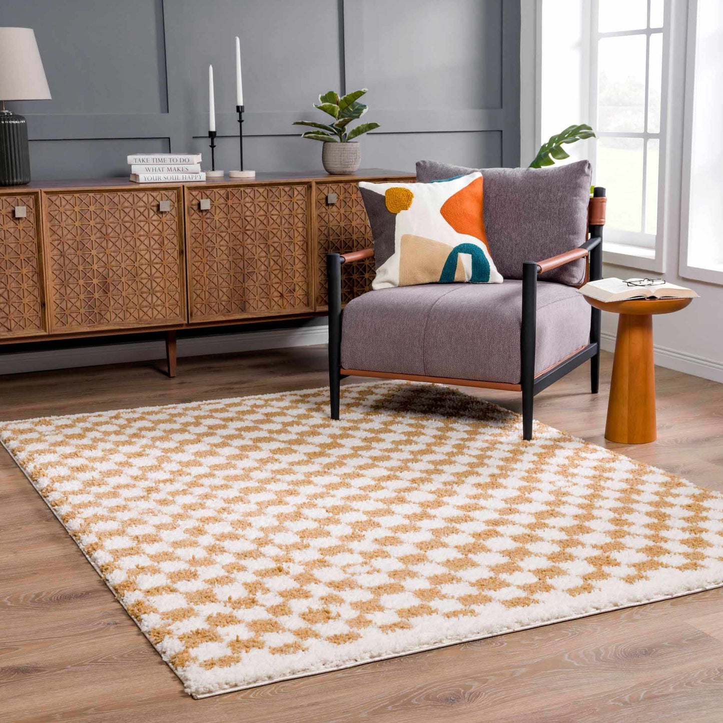 Mustard Ivory Checkered Area Rug - Stylish Home Décor Accent