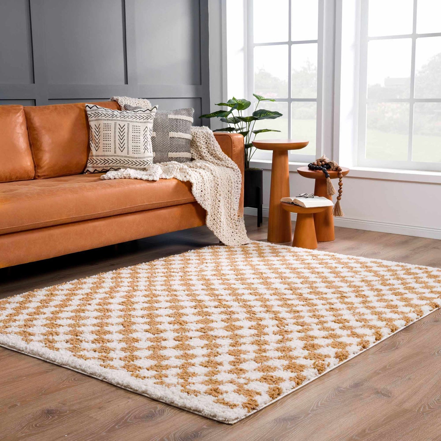 Mustard Ivory Checkered Area Rug - Stylish Home Décor Accent