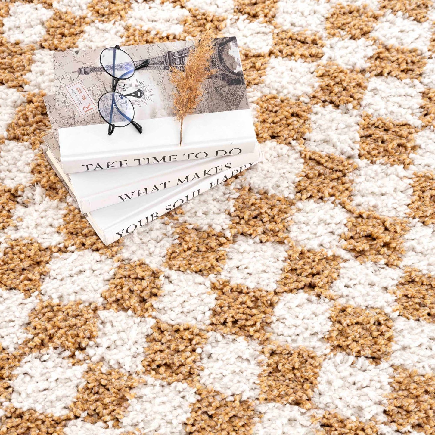 Mustard Ivory Checkered Area Rug - Stylish Home Décor Accent