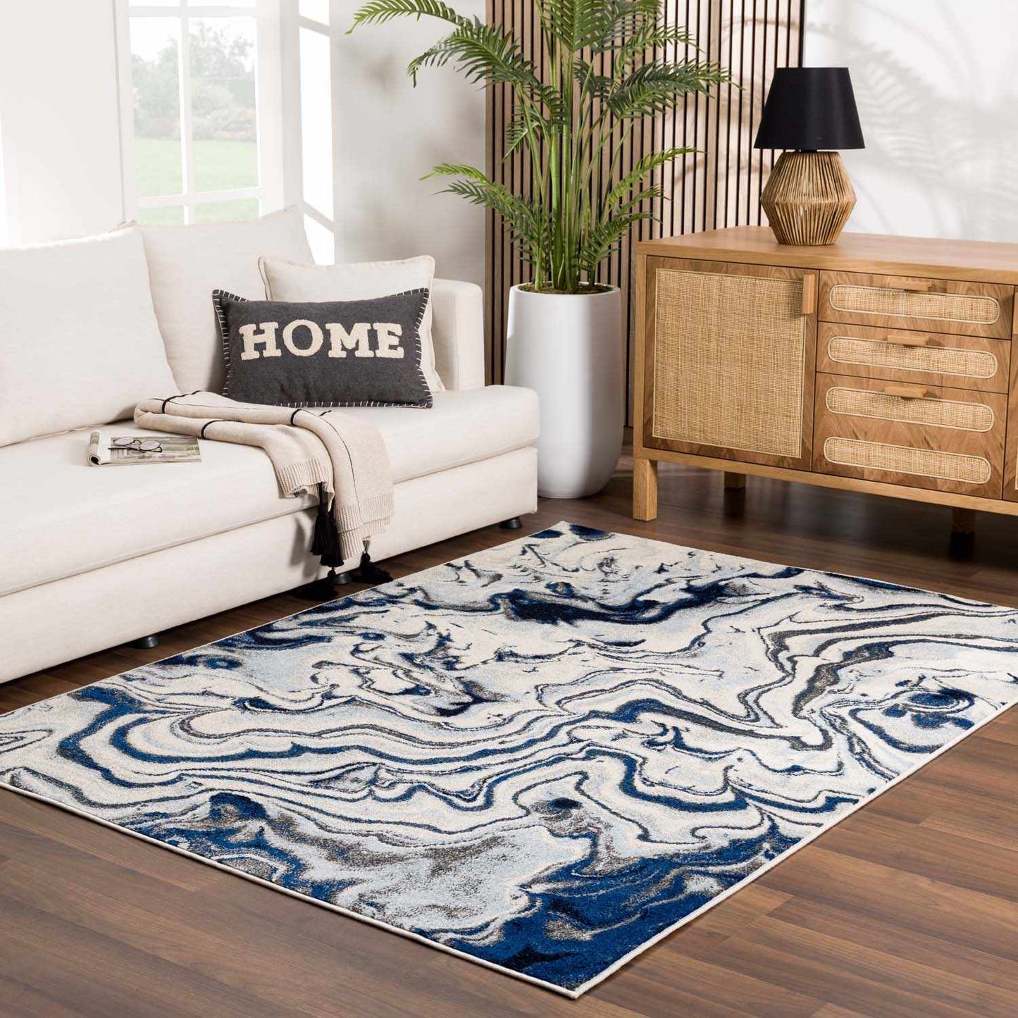 Blue Marble Area Rug - Elegant Cream and Blue Design for Modern Homes