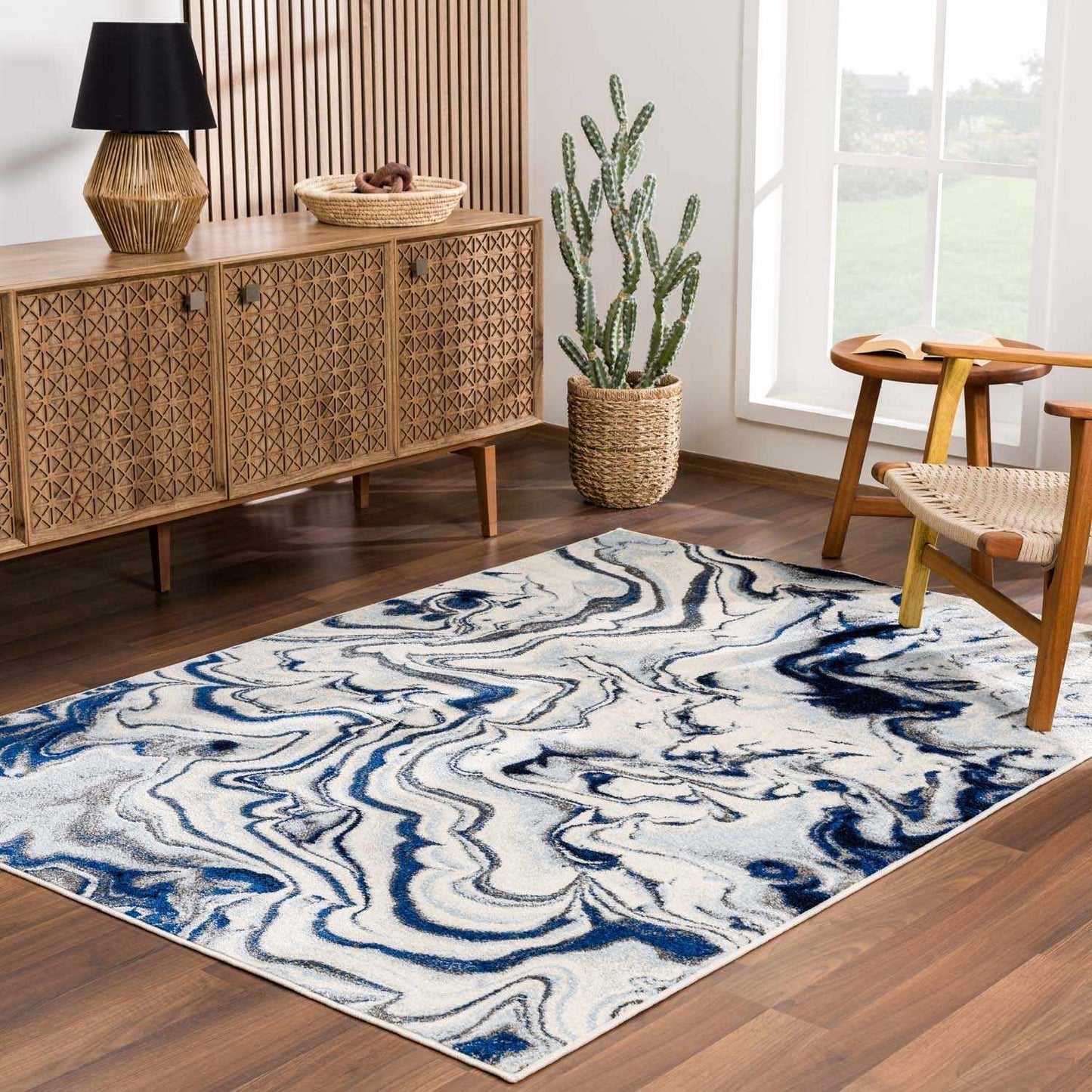 Blue Marble Area Rug - Elegant Cream and Blue Design for Modern Homes