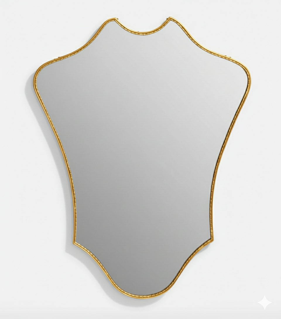 Crowned Curve mirror with sculptural curved brass frame on white background