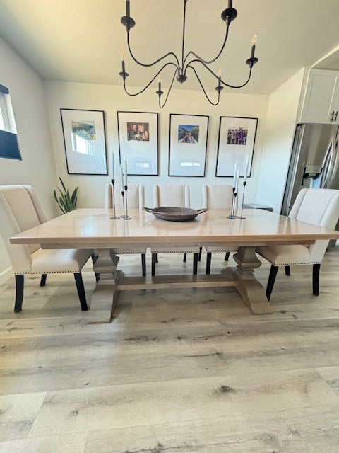 Herringbone Dining Table In Solid Wood With Custom Finish And Distressing Options