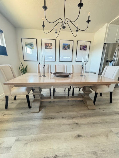 Herringbone Dining Table In Solid Wood With Custom Finish And Distressing Options