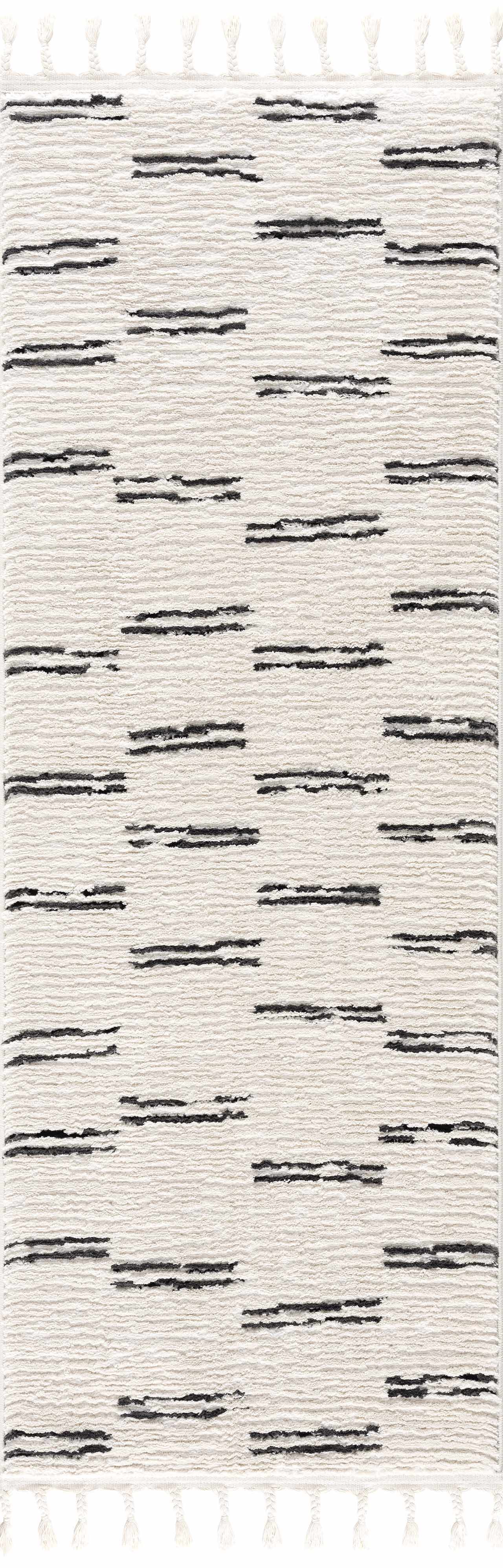 Striped Riad Rug with Tassels - Black and White Design