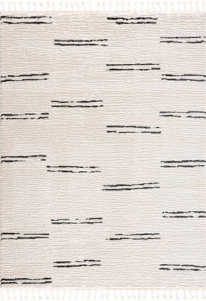 Striped Riad Rug with Tassels - Black and White Design