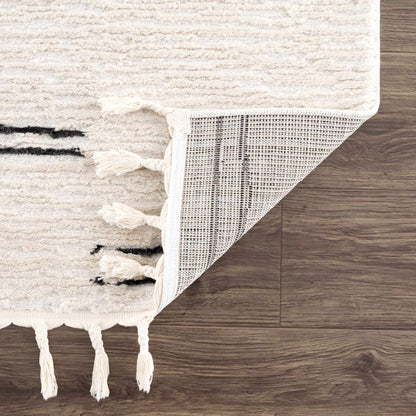 Striped Riad Rug with Tassels - Black and White Design