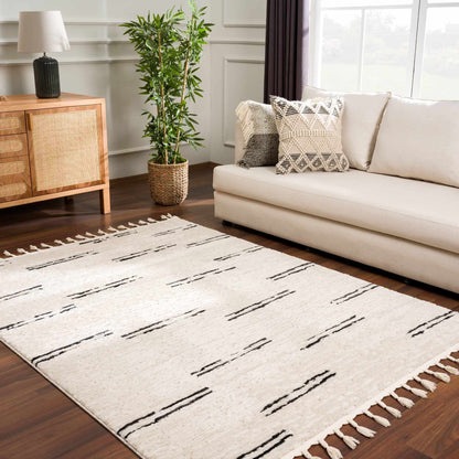 Striped Riad Rug with Tassels - Black and White Design