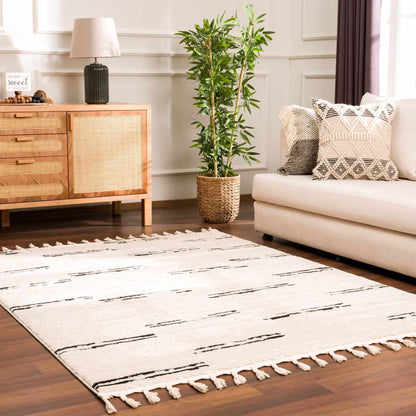 Striped Riad Rug with Tassels - Black and White Design