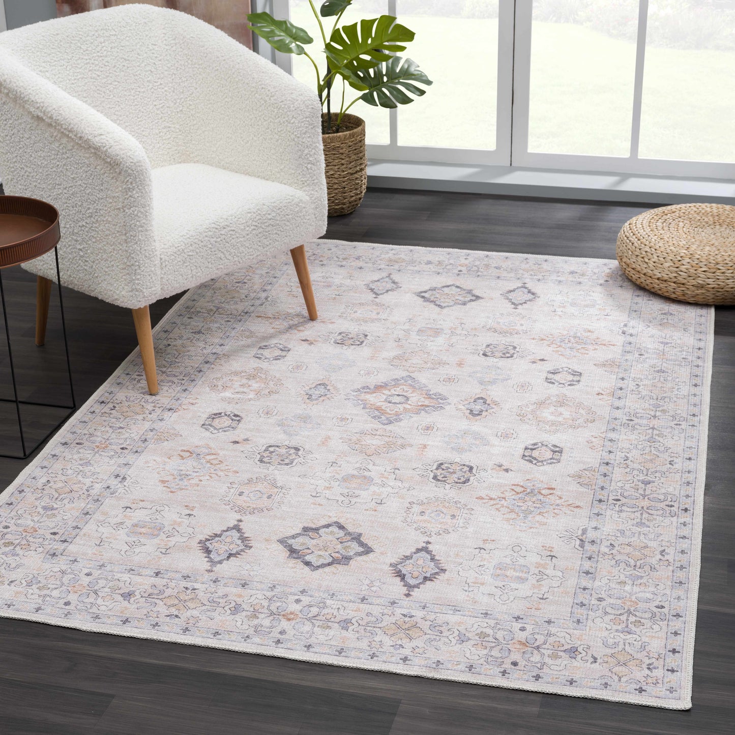 Beige Vintage Washable Area Rug - Durable Beckett Collection