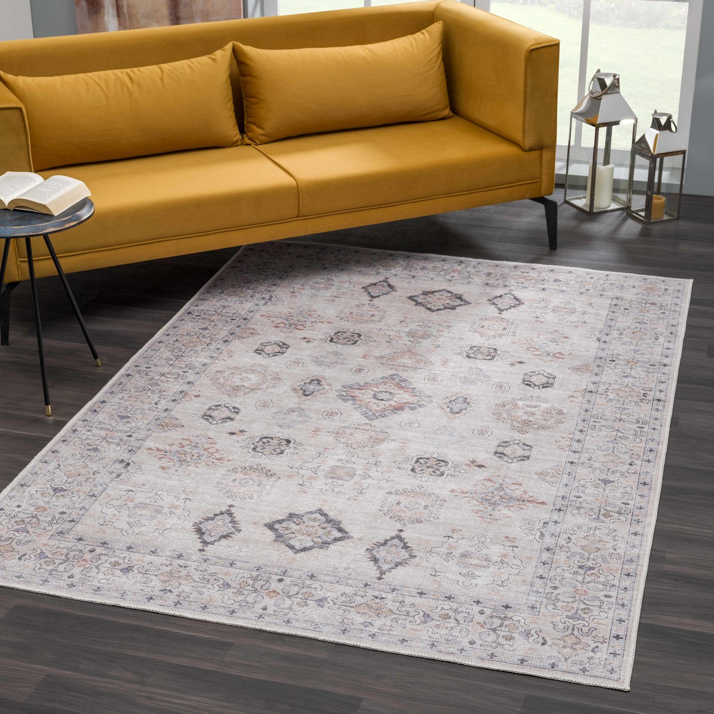 Beige Vintage Washable Area Rug - Durable Beckett Collection