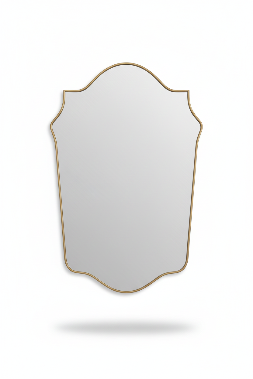 Elegant shield-shaped brass mirror with slim gold frame on white background