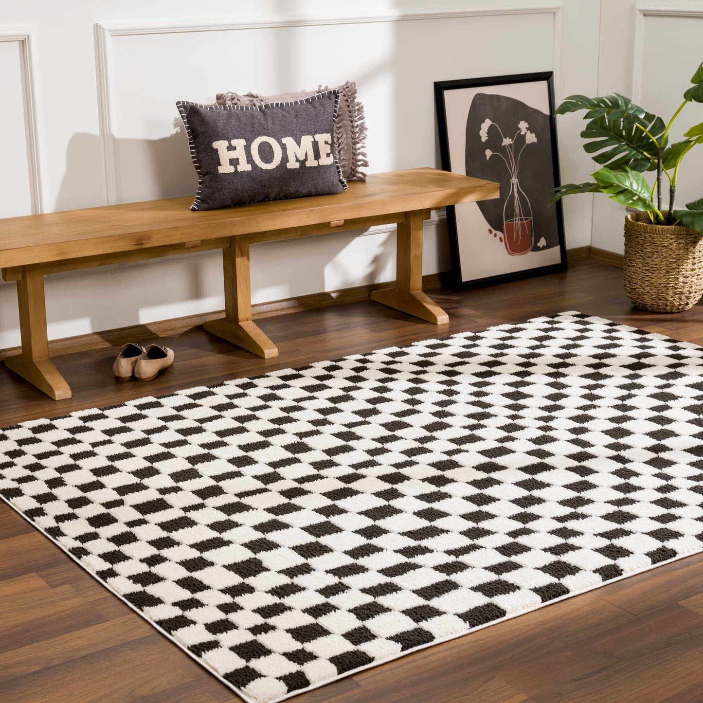 Checkered Area Rug - Stylish Black and White Geometric Floor Decor