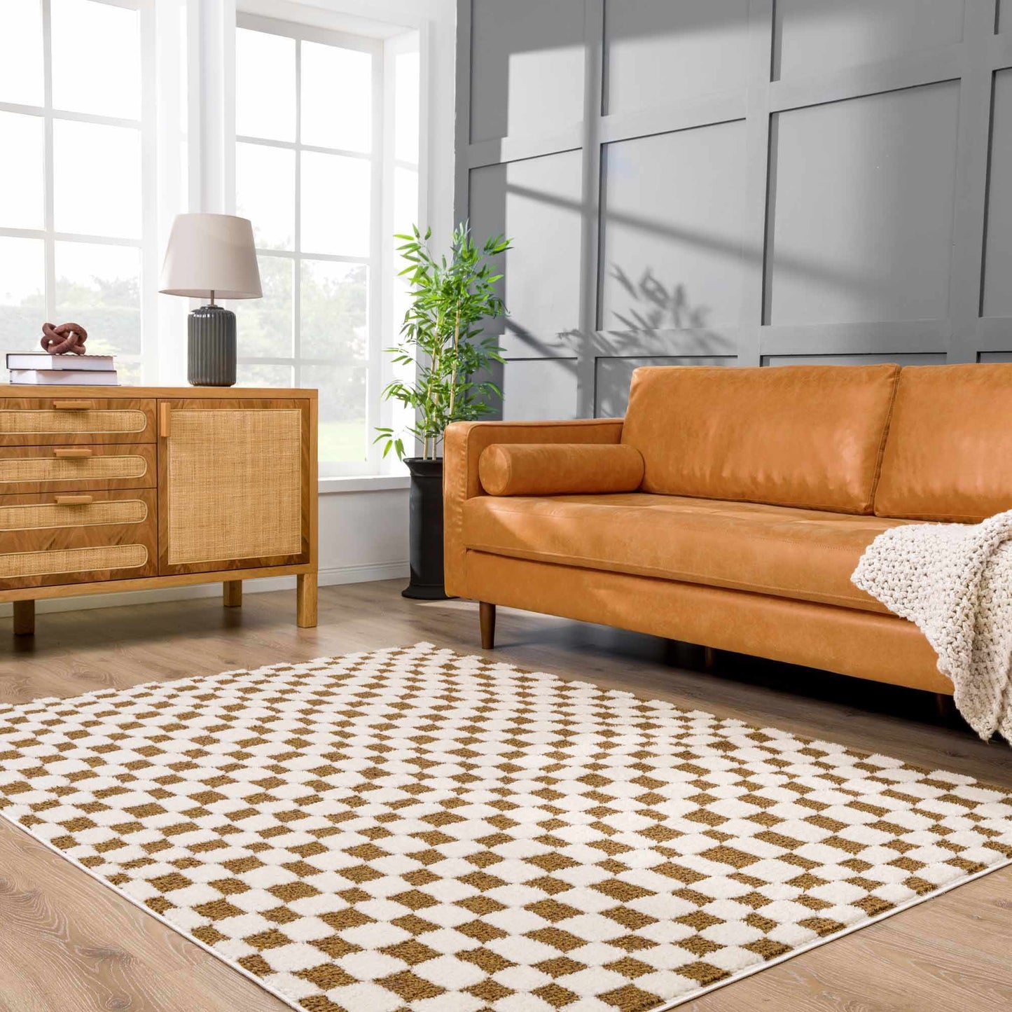 Brown Checkered Area Rug - Cozy Home Décor Accent