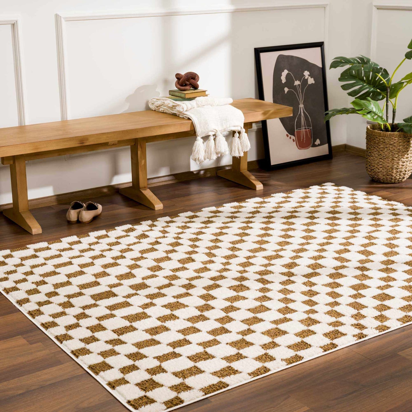 Brown Checkered Area Rug - Cozy Home Décor Accent