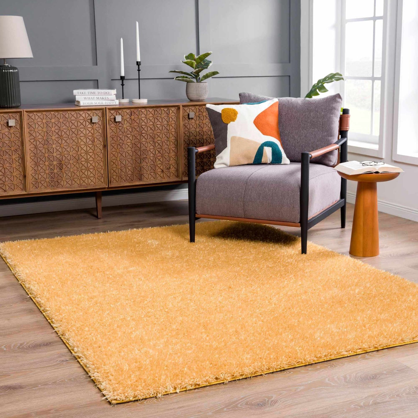 Washable Solid Gold Shag Rug - Luxurious Soft Area Rug for Any Room