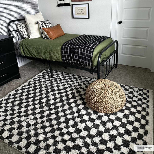 Checkered Shag Area Rug - Black and White Cozy Home Decor