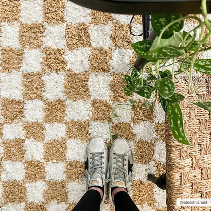 Mustard Ivory Checkered Area Rug - Stylish Home Décor Accent