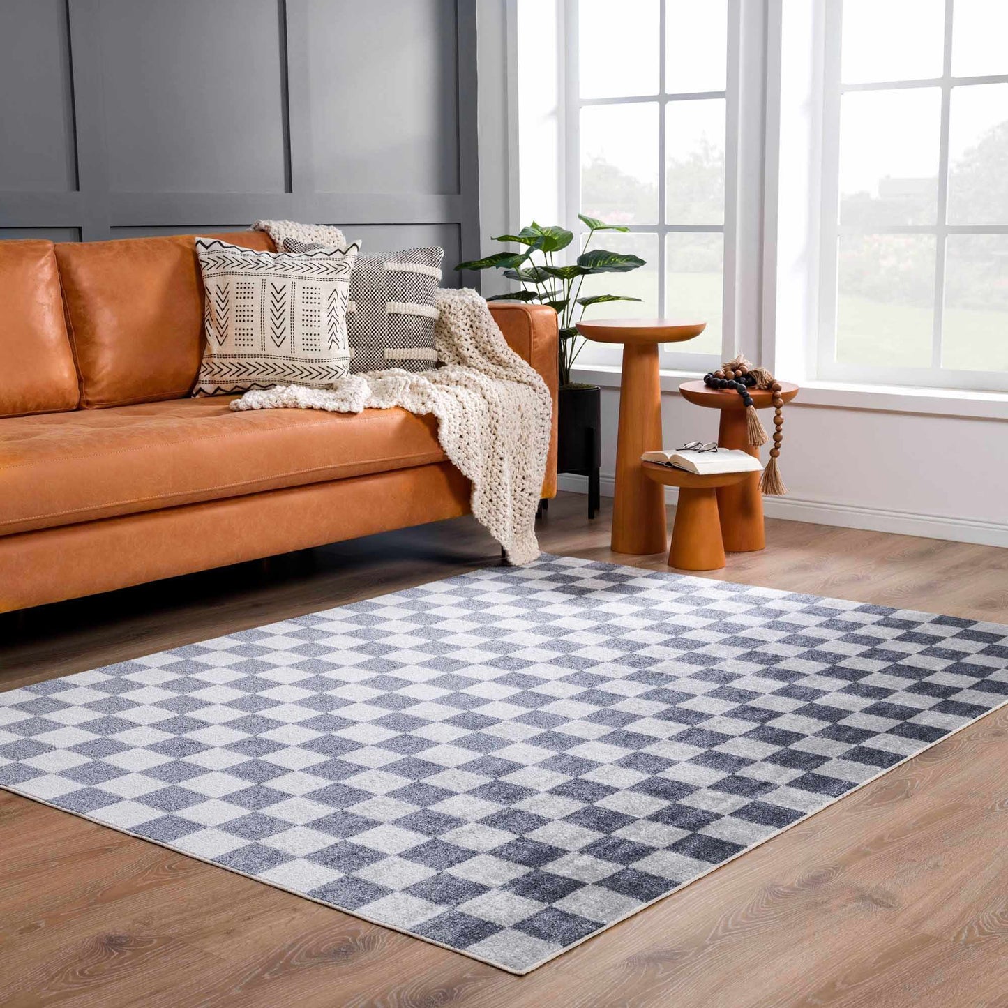 Blue and Gray Washable Checkered Rug - Stylish Home Decor Accent