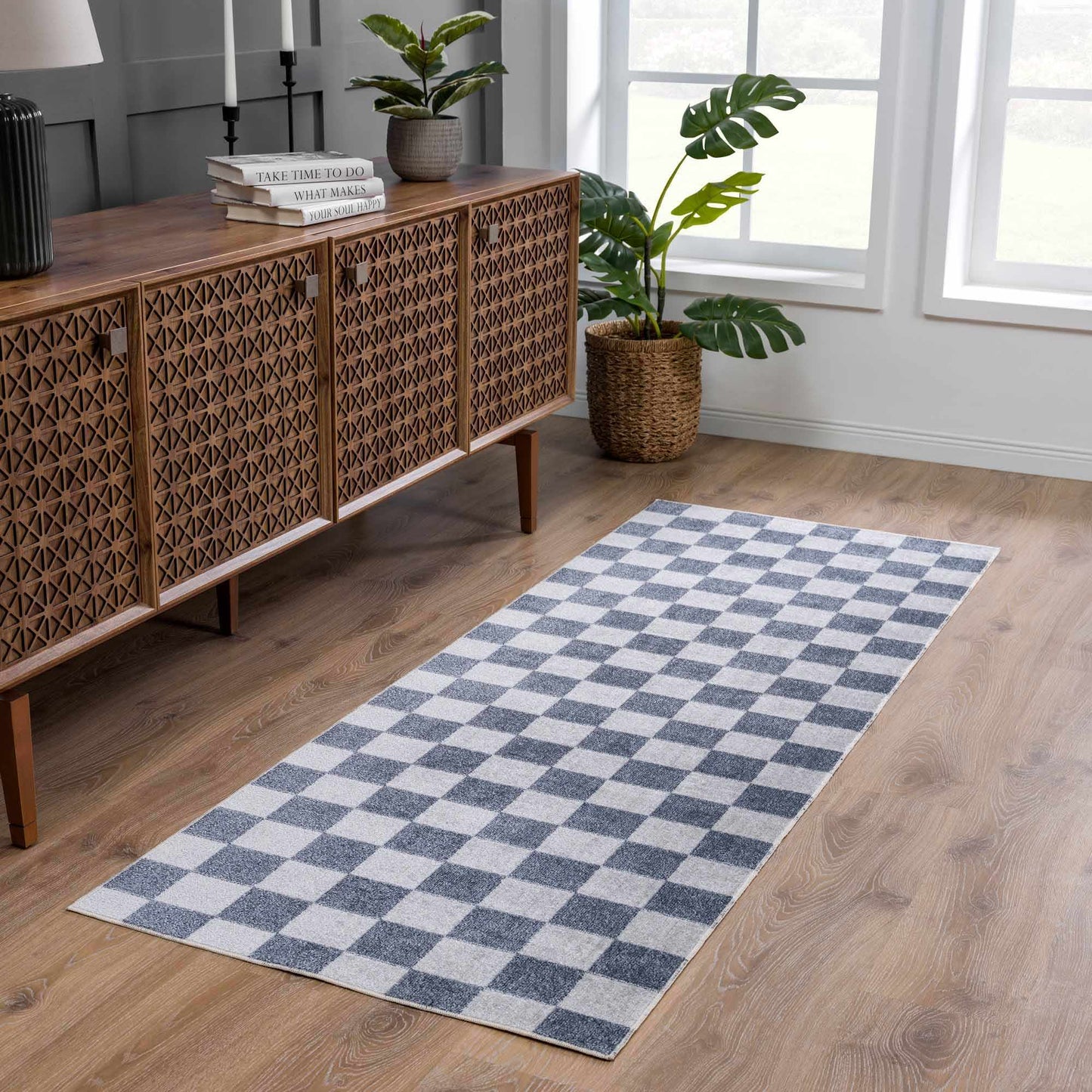 Blue and Gray Washable Checkered Rug - Stylish Home Decor Accent