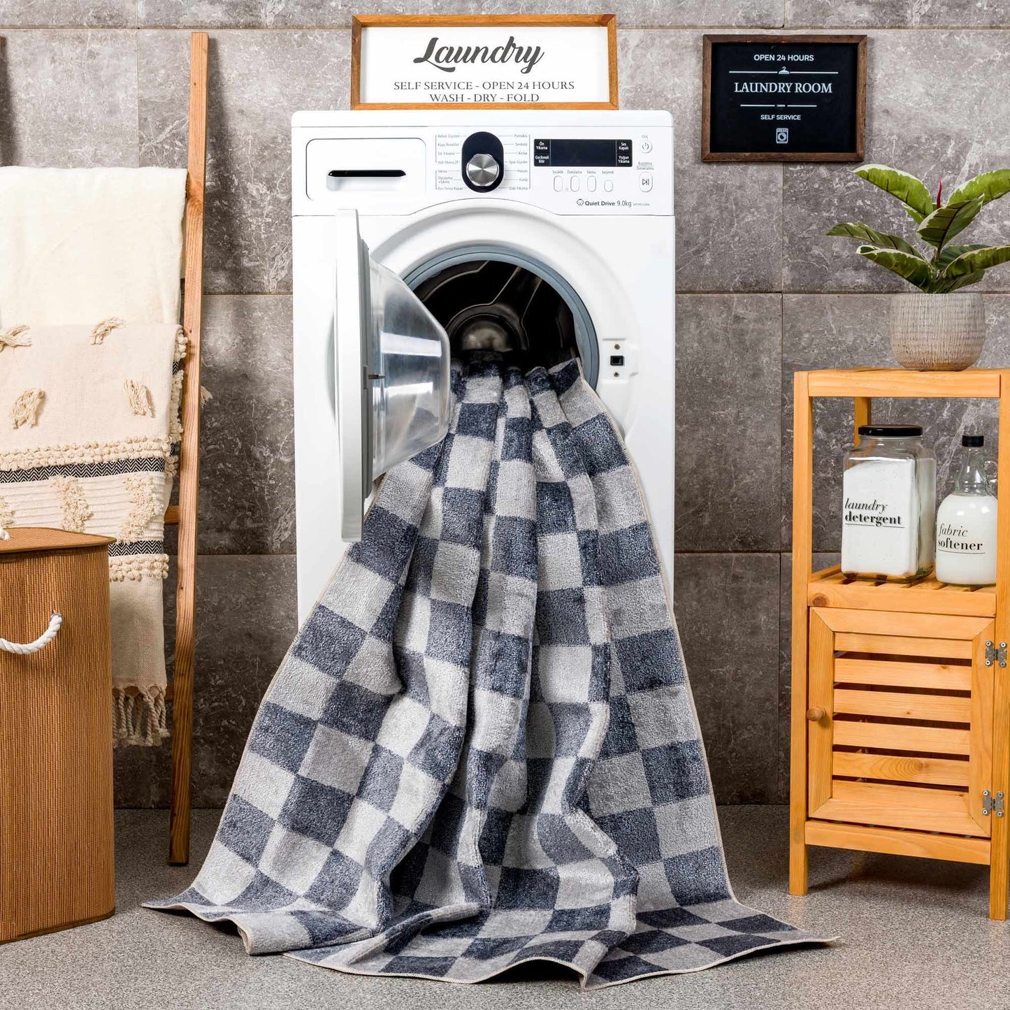 Blue and Gray Washable Checkered Rug - Stylish Home Decor Accent