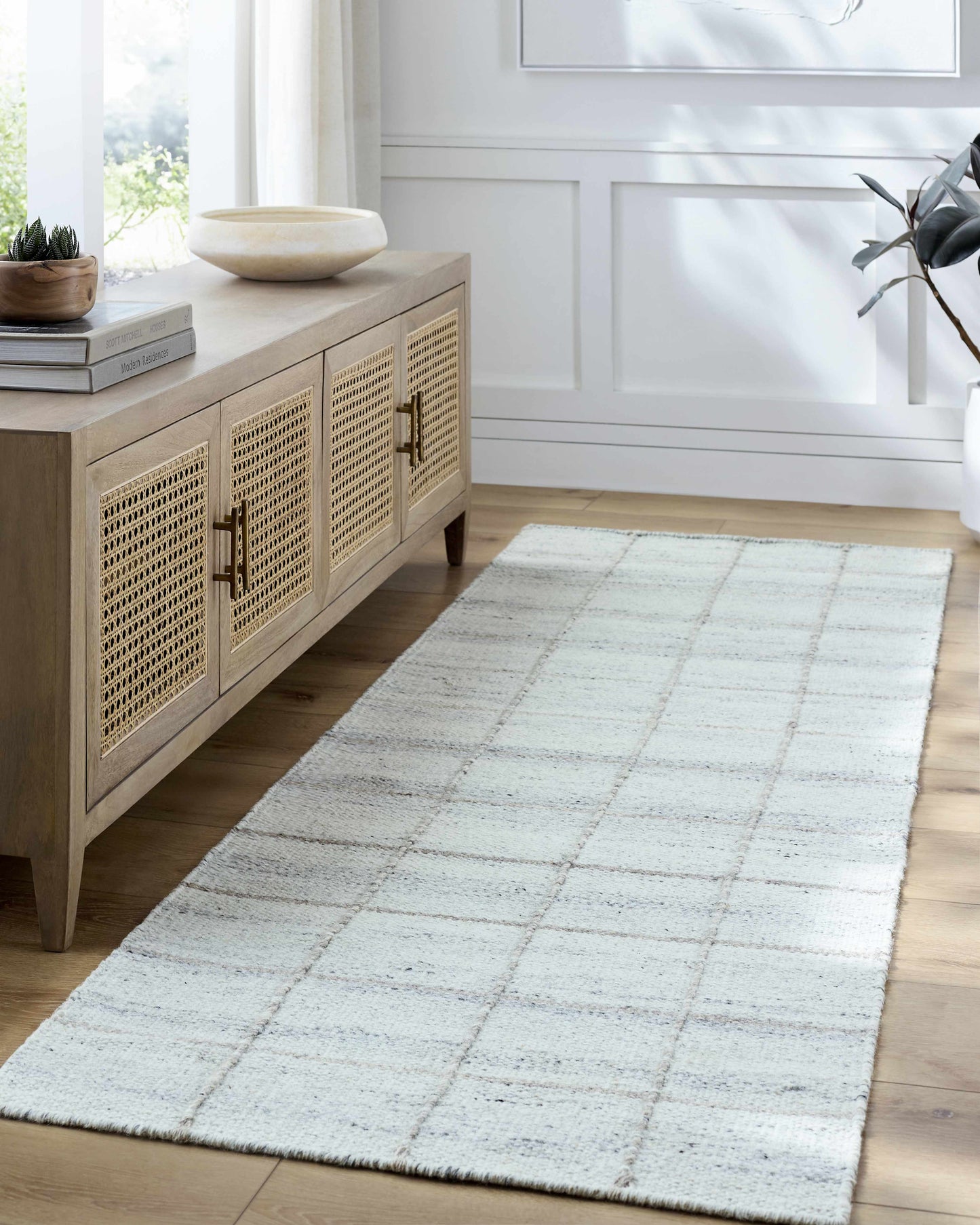 Light Gray Checkered Wool Area Rug - Cozy Modern Home Decor