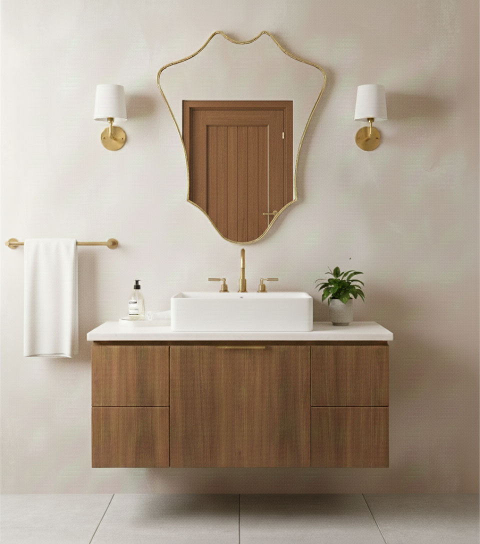 Organic shield mirror over marble sink