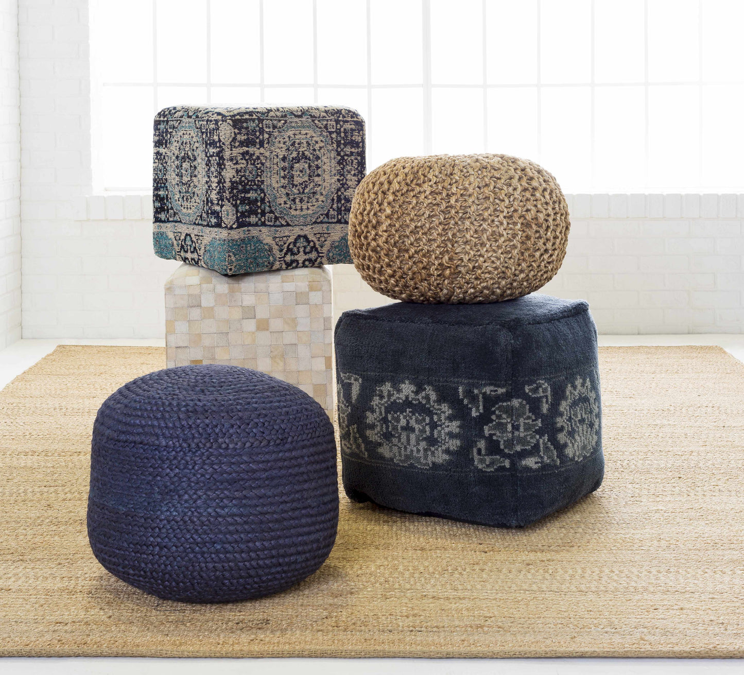 Gail Navy Jute Knitted Pouf For Cozy Living Rooms