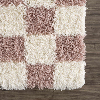 Pink Checkered Shag Rug - Cozy Stylish Room Accent
