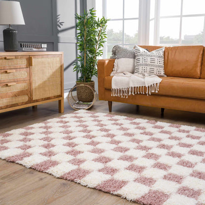 Pink Checkered Shag Rug - Cozy Stylish Room Accent