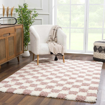 Pink Checkered Shag Rug - Cozy Stylish Room Accent