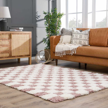 Pink Checkered Shag Rug - Cozy Stylish Room Accent