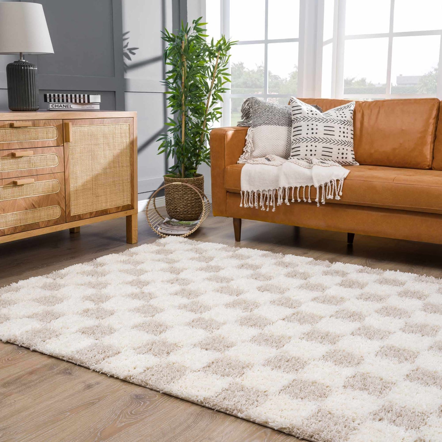 Light Brown Checkered Area Rug - Cozy Home Decor Accent