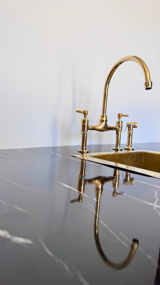 Unlacquered Brass Kitchen Faucets -  Dual Handle Center Ball Bridge Sink Faucet