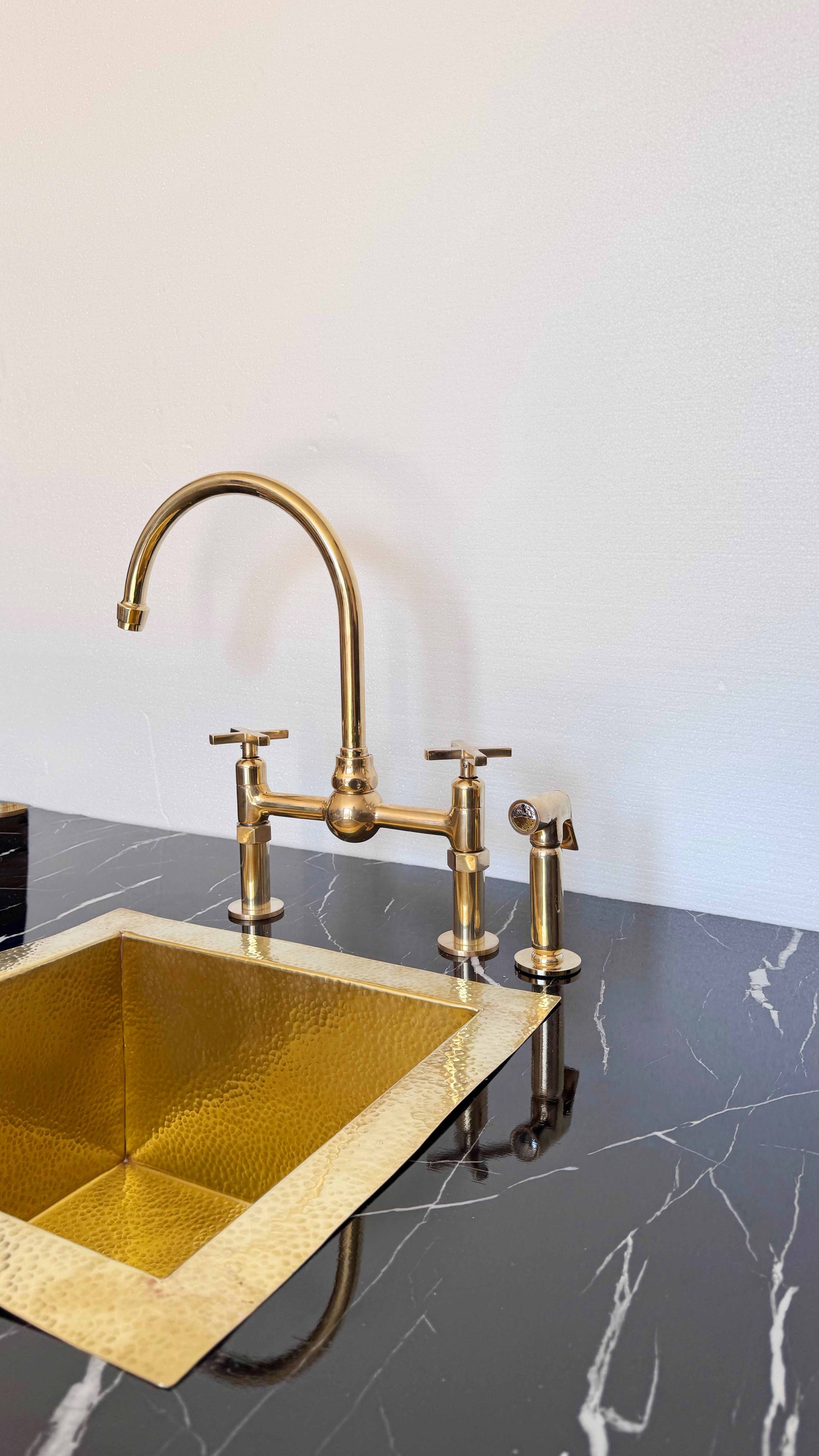 Unlacquered Brass Kitchen Faucet -with Dual Handle Center Ball Bridge
