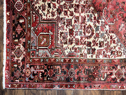 Persian Heriz Rug 10x13 Handmade Wool Hand Knotted Red Cream Geometric Tribal Semi Antique Carpet