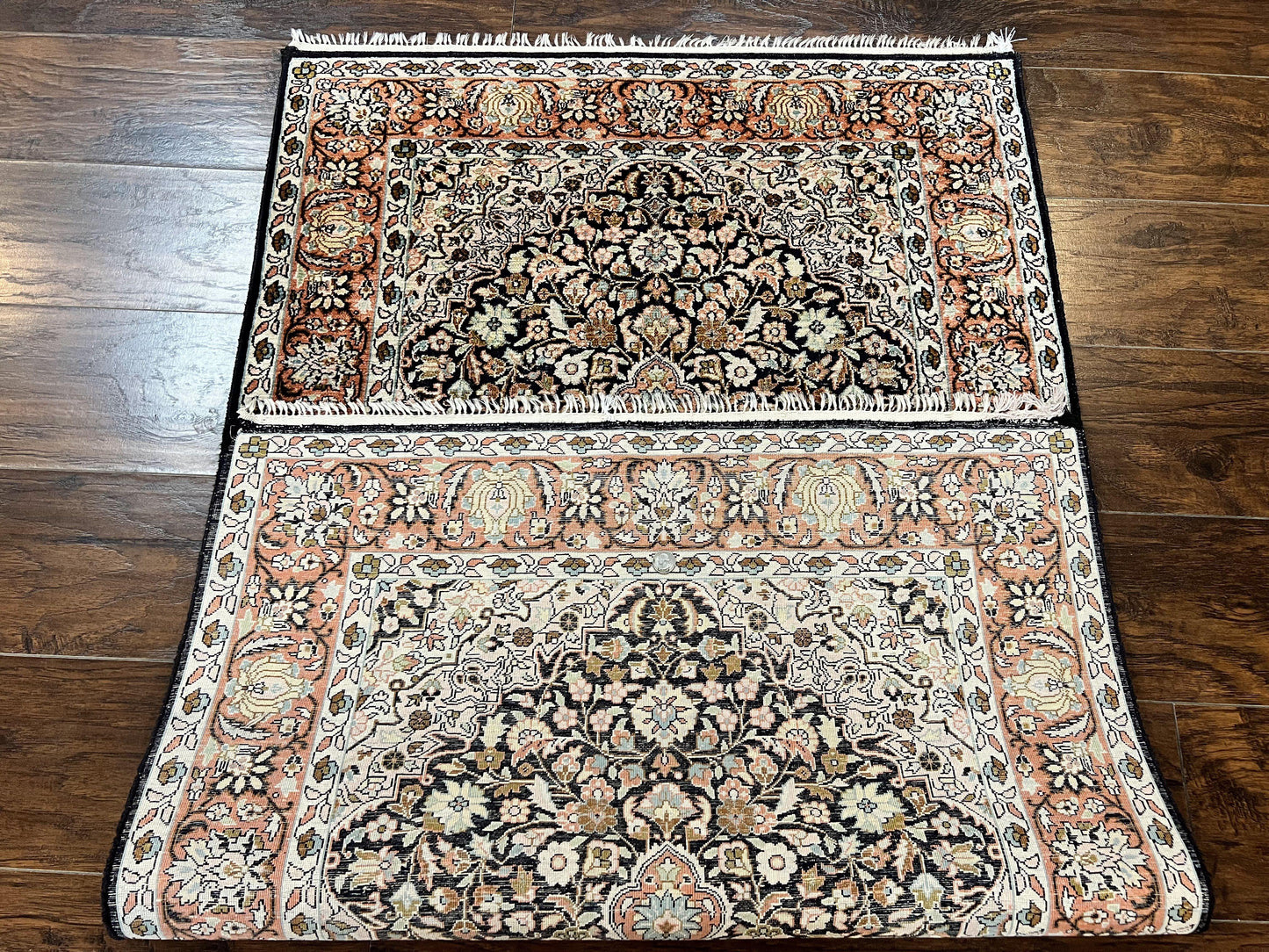 Kashmiri Silk Rug 3x5 Navy Blue Handmade Floral Medallion Indo Persian Silk