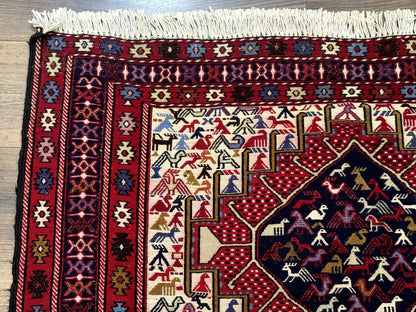 Persian Soumak Kilim Rug 4x6 Triple Medallions Tribal Pictorials Caucasian Kilim