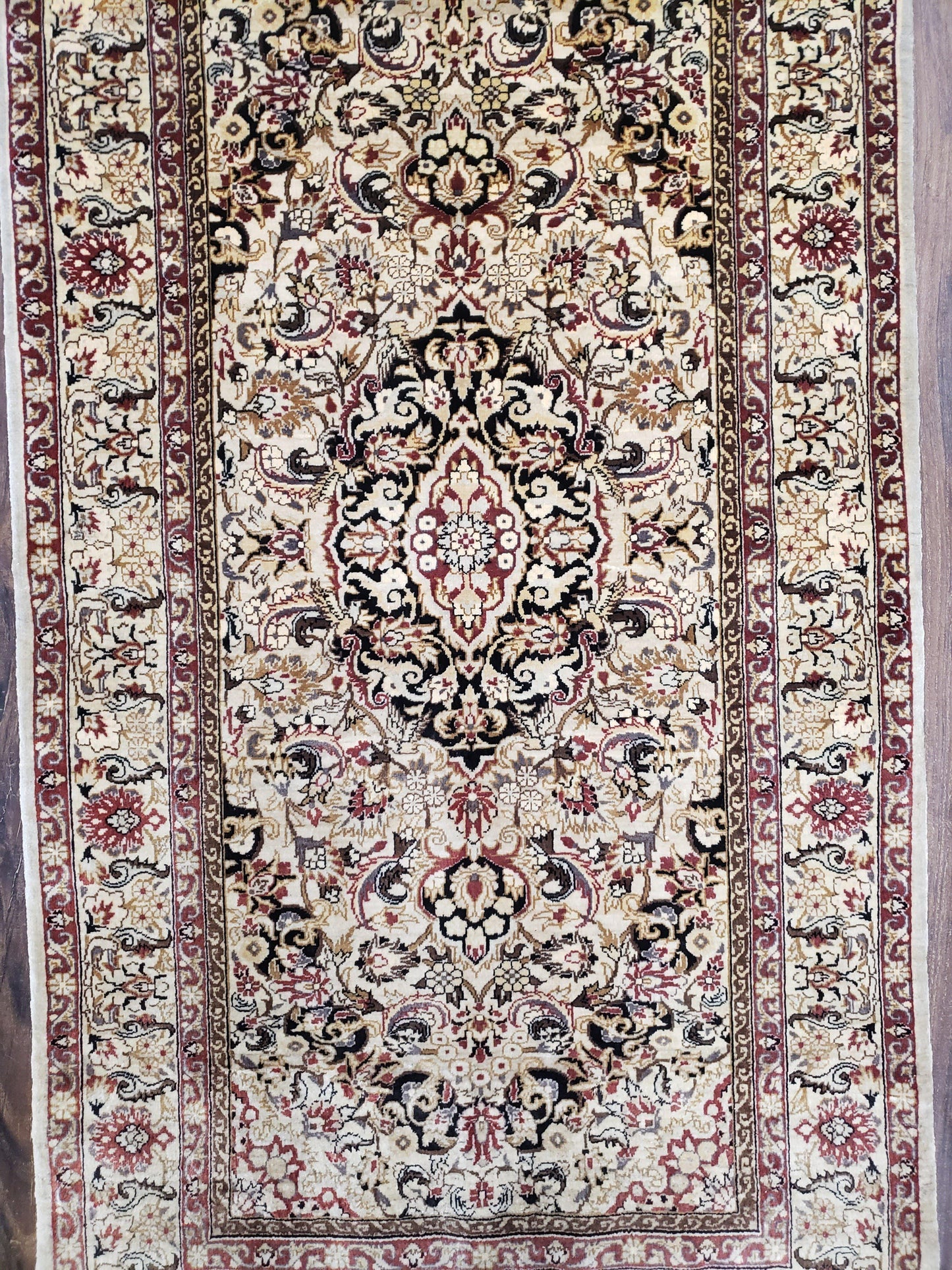 Hand Knotted Silk Oriental Rug 1 Foot 7 Inch By 3 Foot Floral Medallion Vintage Cream Beige
