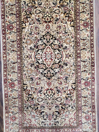 Hand Knotted Silk Oriental Rug 1 Foot 7 Inch By 3 Foot Floral Medallion Vintage Cream Beige