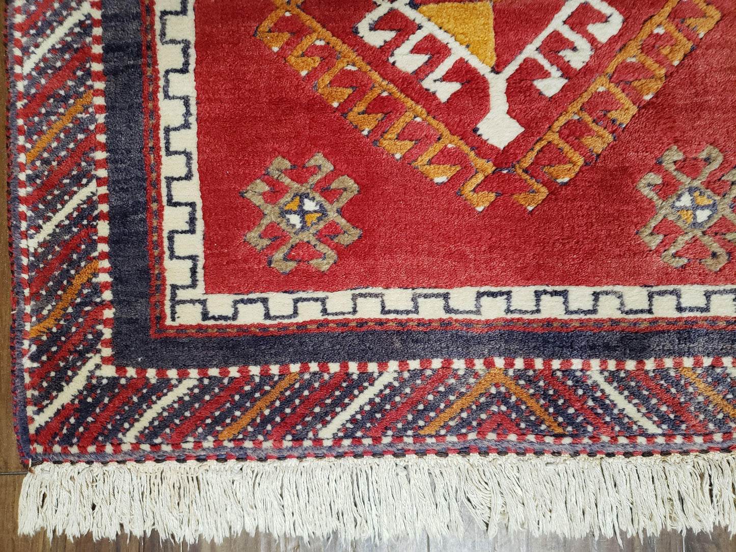 Vintage Turkish Kazak Rug 2.5 by 5 Red Wool Runner With Medallions Geometric Pattern