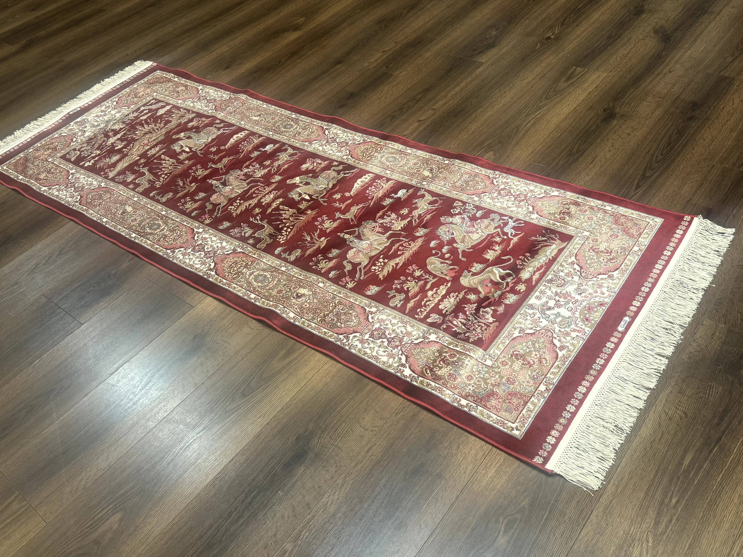 Turkish Silk Rug Runner 2.6 By 6.7 Red Ivory Hunting Design Bamboo Silk Contemporary