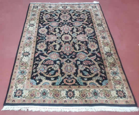 Indo Persian Mahal Rug 4x6 Hand Knotted Wool Vintage Midnight Blue Ivory Floral Design