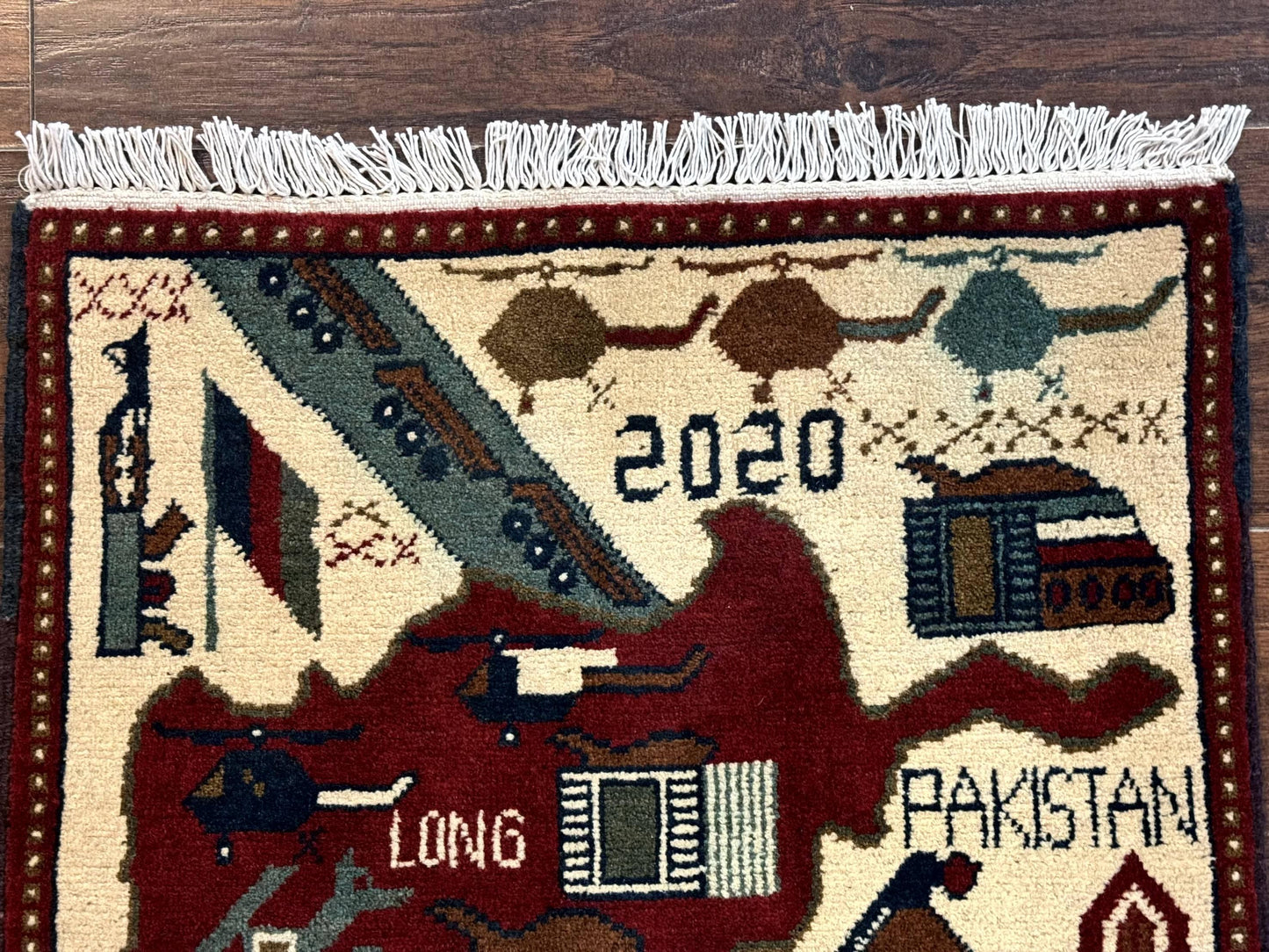 Afghan War Rug Hand Knotted Wool 2 X 2.6 Military Scene With Guns Tanks Helicopters