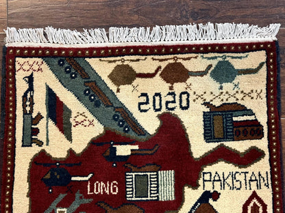 Afghan War Rug Hand Knotted Wool 2 X 2.6 Military Scene With Guns Tanks Helicopters