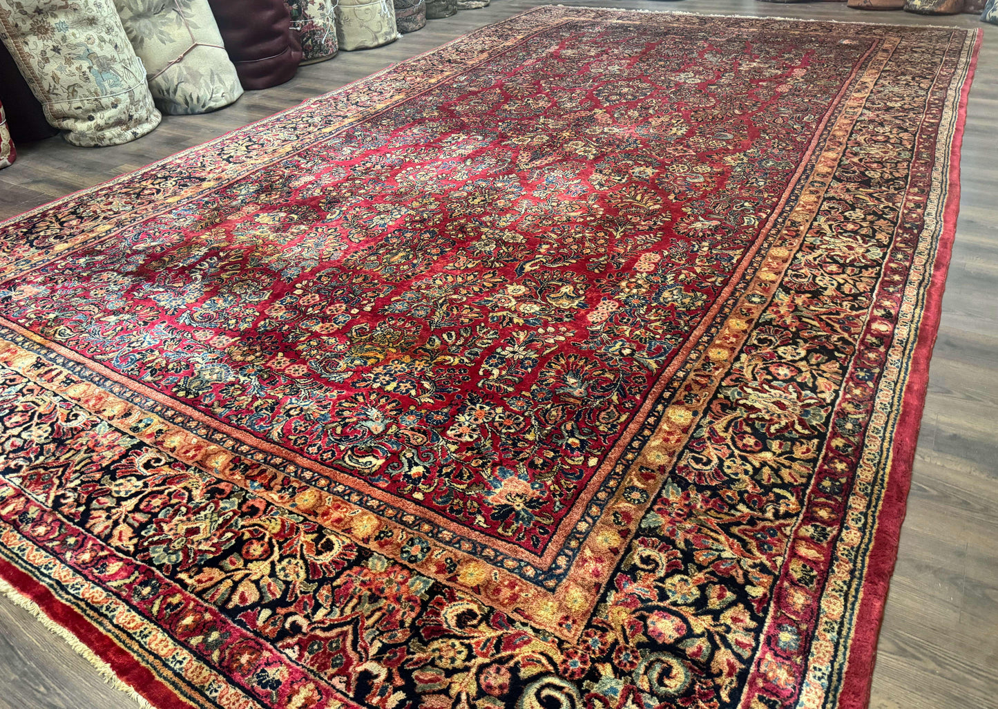 Persian Sarouk Rug 10x18 Extra Large Antique Wool Carpet Red Floral Handmade