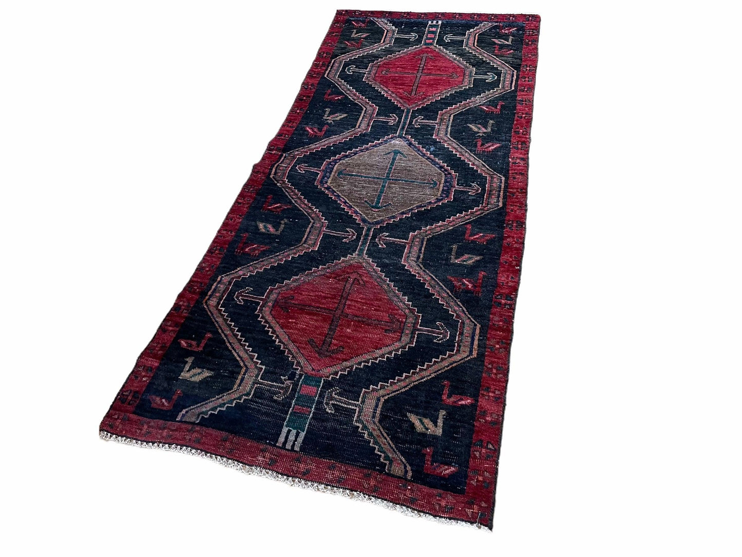 Handmade Wool Tribal Runner Rug 3X7 Geometric Boho Red Blue Organic Dyes
